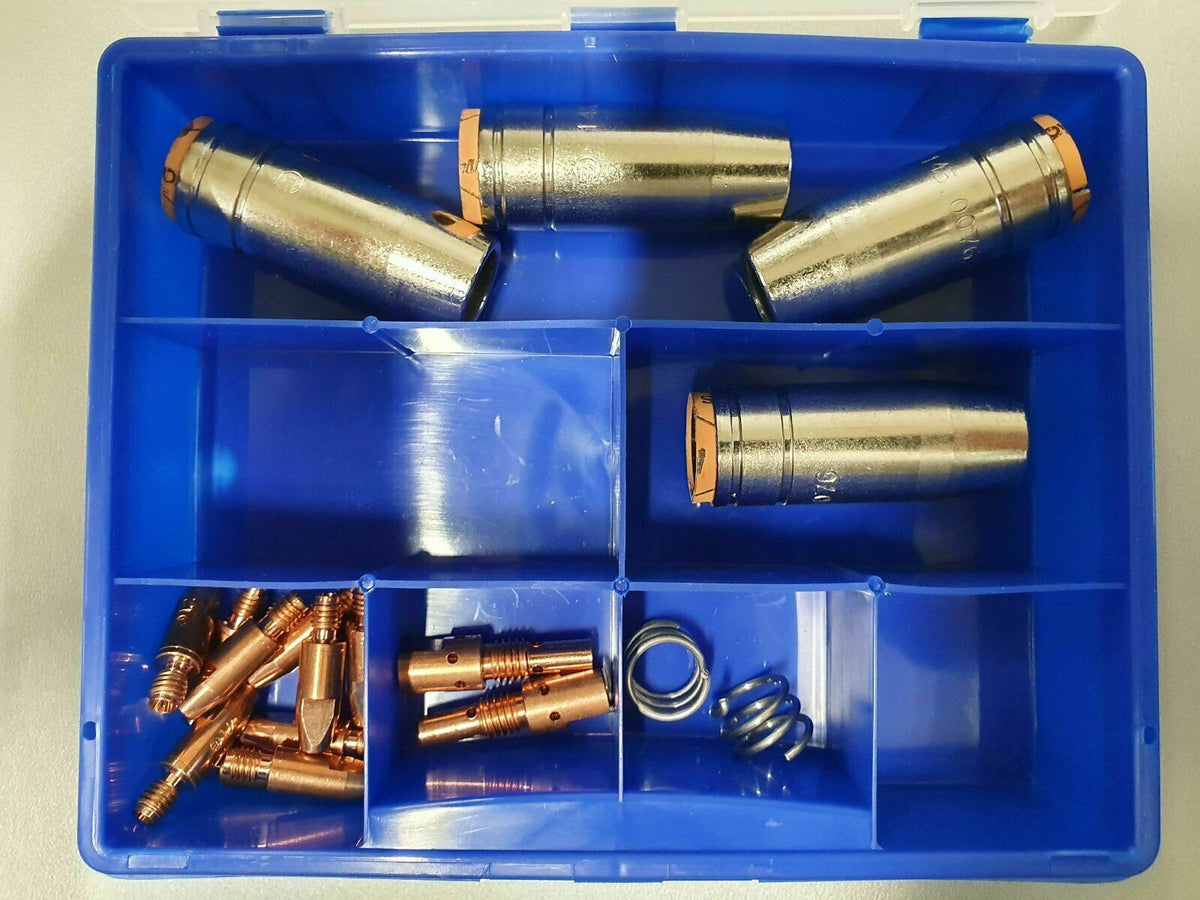 Verschleißteile-Set für Brenner, Messing/Titanfarben in blauem Koffer mit mehreren Düsen