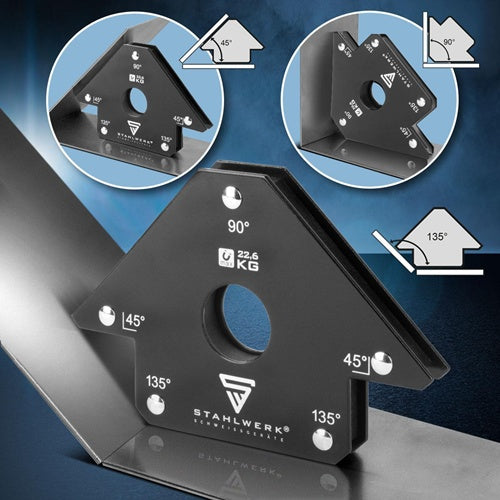 Magnet-Schweißwinkel schwarz mit 90°-Markierung, rundem Loch und Skala 45°/135°