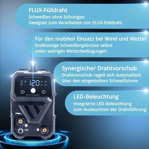STAHLWERK Fülldrahtschweißgerät Mini FLUX 120 ST Digital mit Zubehör 20-120 A gasgekühlt