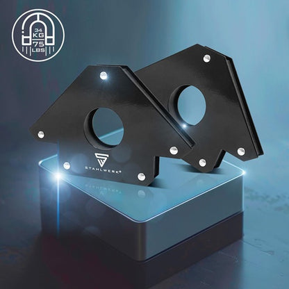 Magnet-Schweißwinkel-Set, schwarze Dreieckwinkel mit runden Öffnungen, Haftkraft 34 kg/75 lbs