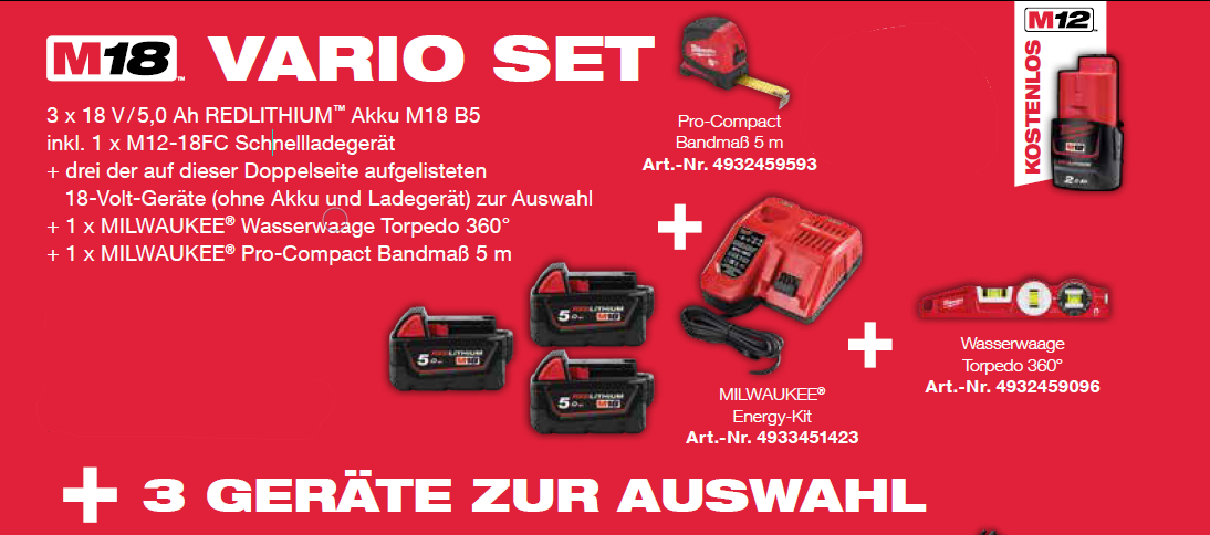 Milwaukee Vario Set 3 Geräte + 3x 18V Akku + 1xLadegerät + Wasserwaage + Bandmaß