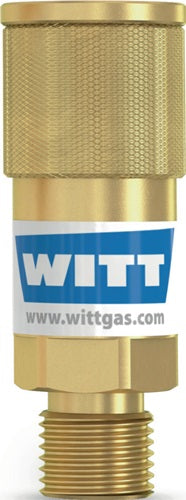 Messingfarbene Schlauchkupplung mit WITT-Aufdruck und Gewindeanschluss